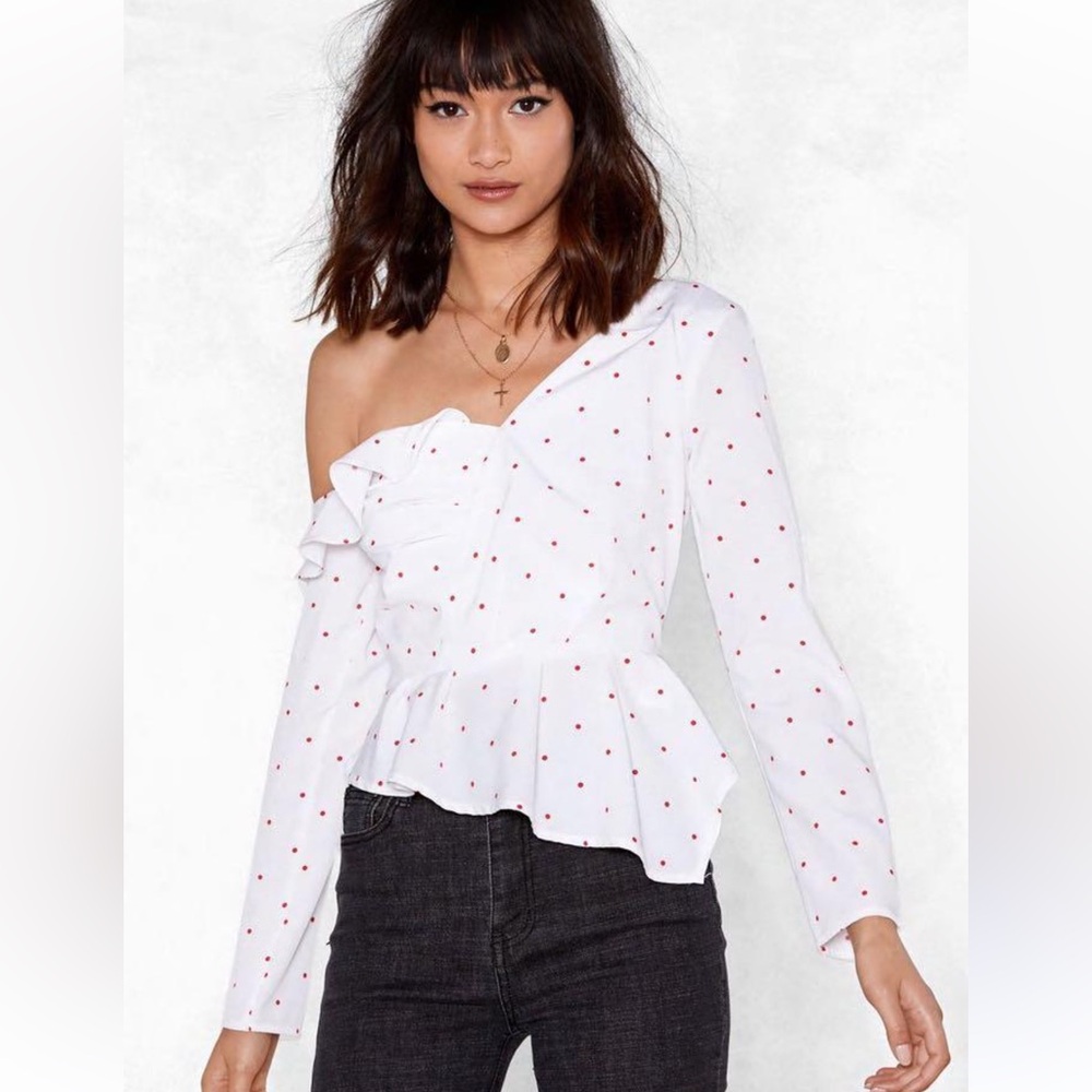 NASTY GAL One Shoulder White and Red Polka Dot Blouse